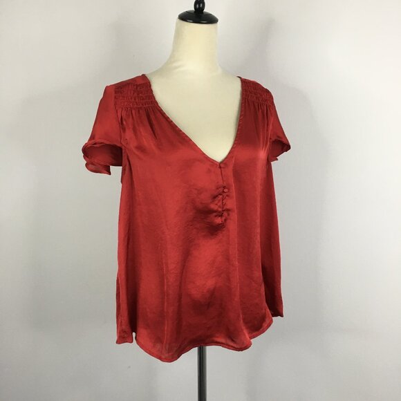 LUCKY BRAND Red Sateen/Satin Shirred Shoulder Short Flutter Sleeve Shirt - Picture 1 of 11